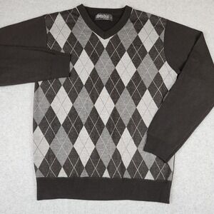 Studio by Omega Mens Argyle V-Neck Sweater Black Grey Long Sleeve Large 0626‎